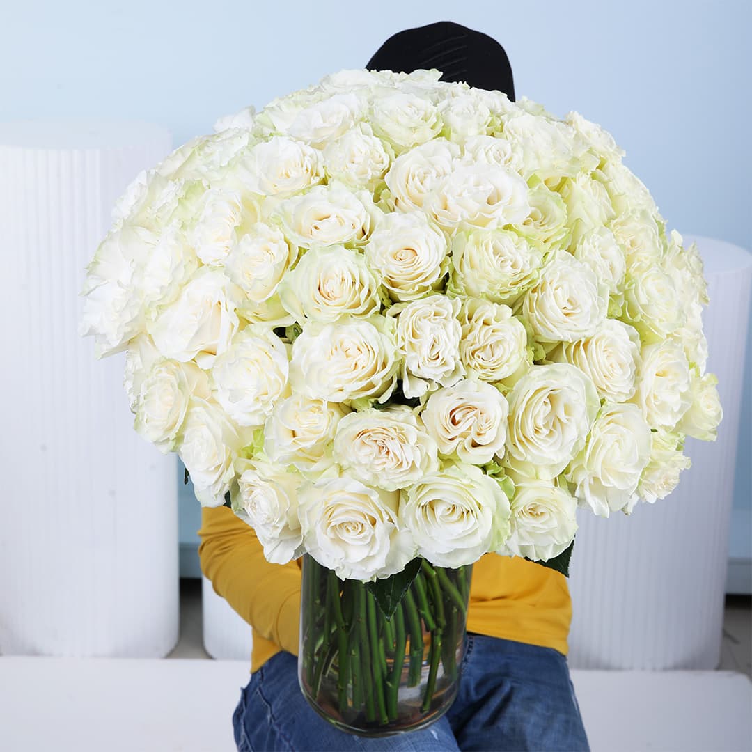 A grand bouquet of 100 pristine white roses with visible green stems, neatly gathered with a natural fabric and elegantly arranged in a tall, clear glass cylindrical vase.
