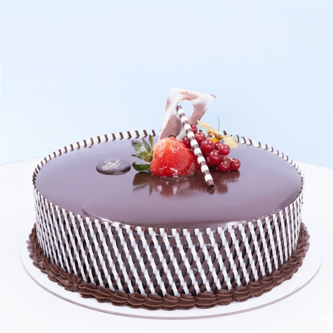 Chocolate Truffle Lattice Cake 1 Kg by Mister Baker decorated with chocolate lattice and fresh fruits