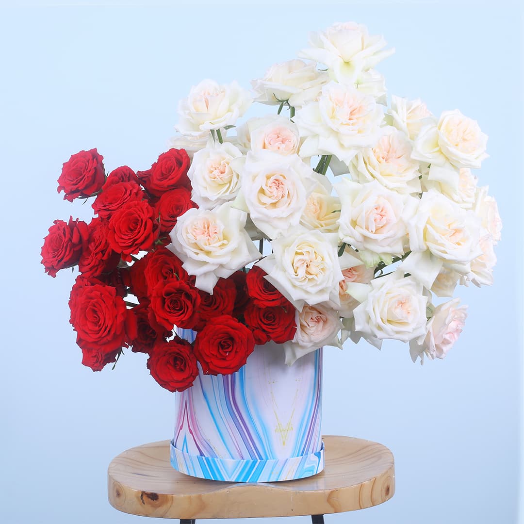 Marble-patterned box with 20 red roses and 30 white O'Hara roses.