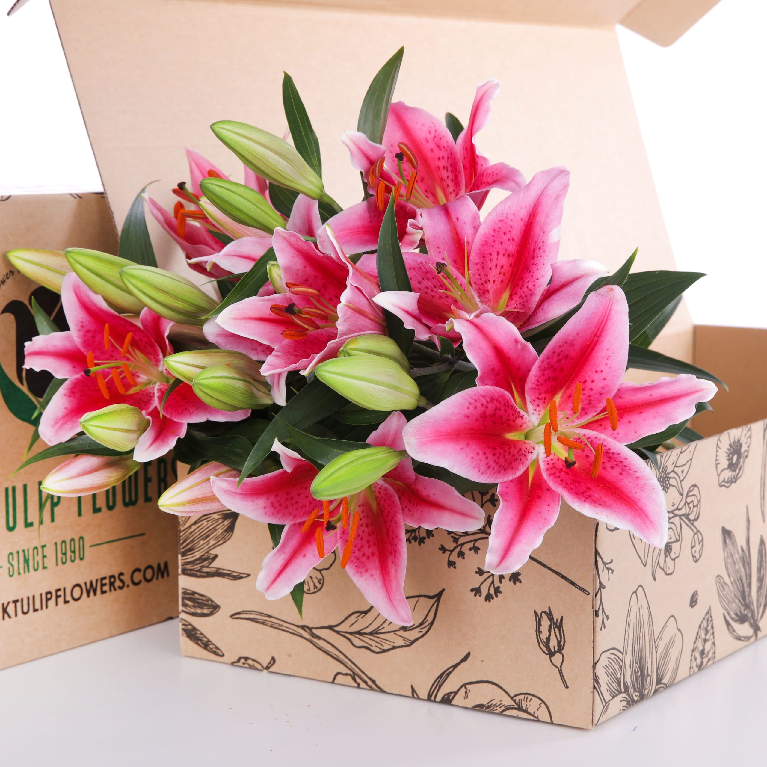 A vibrant bouquet of pink lilies, freshly cut and arranged in a cardboard box.