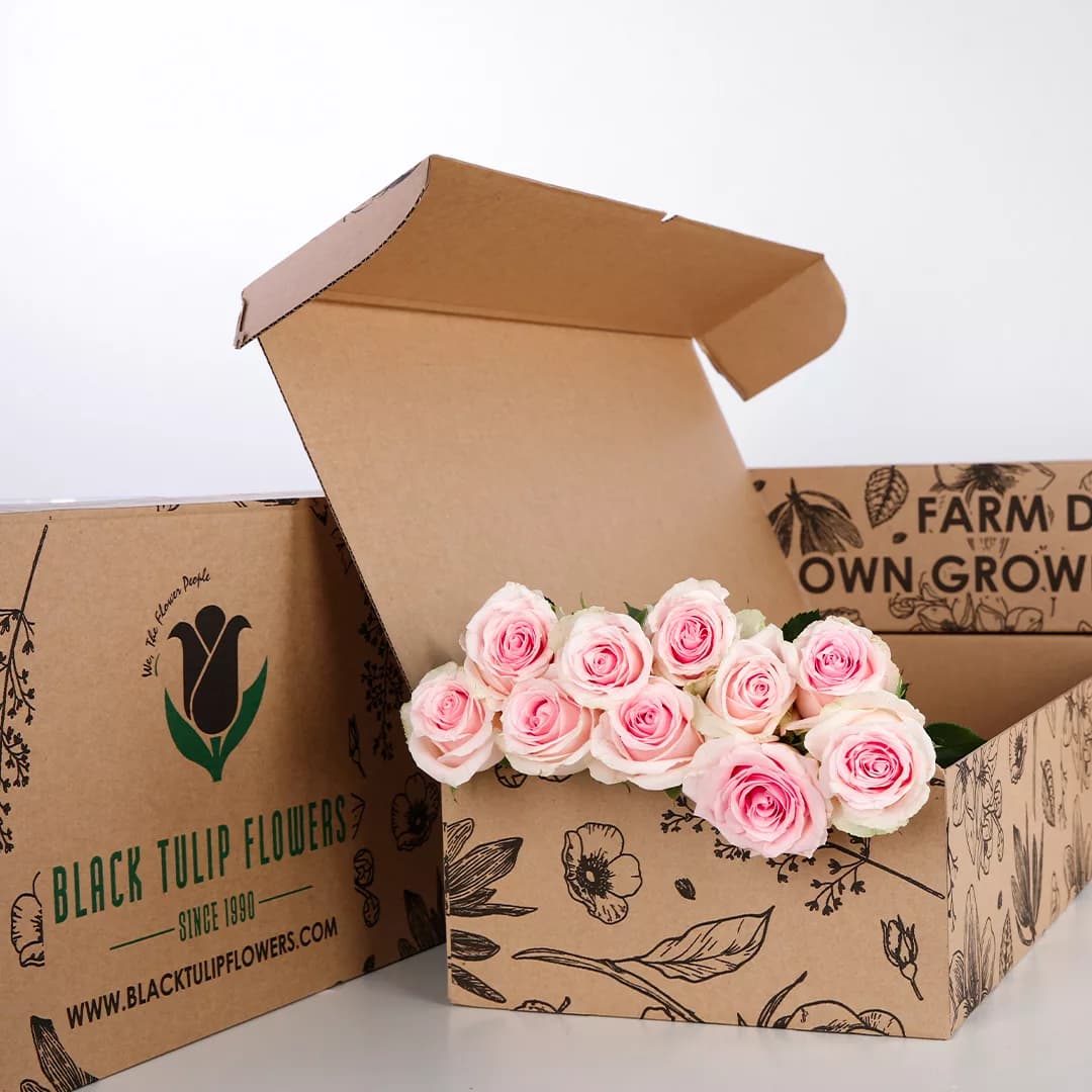 Light Pink bunch of roses in a brown box for DIY arrangements.
