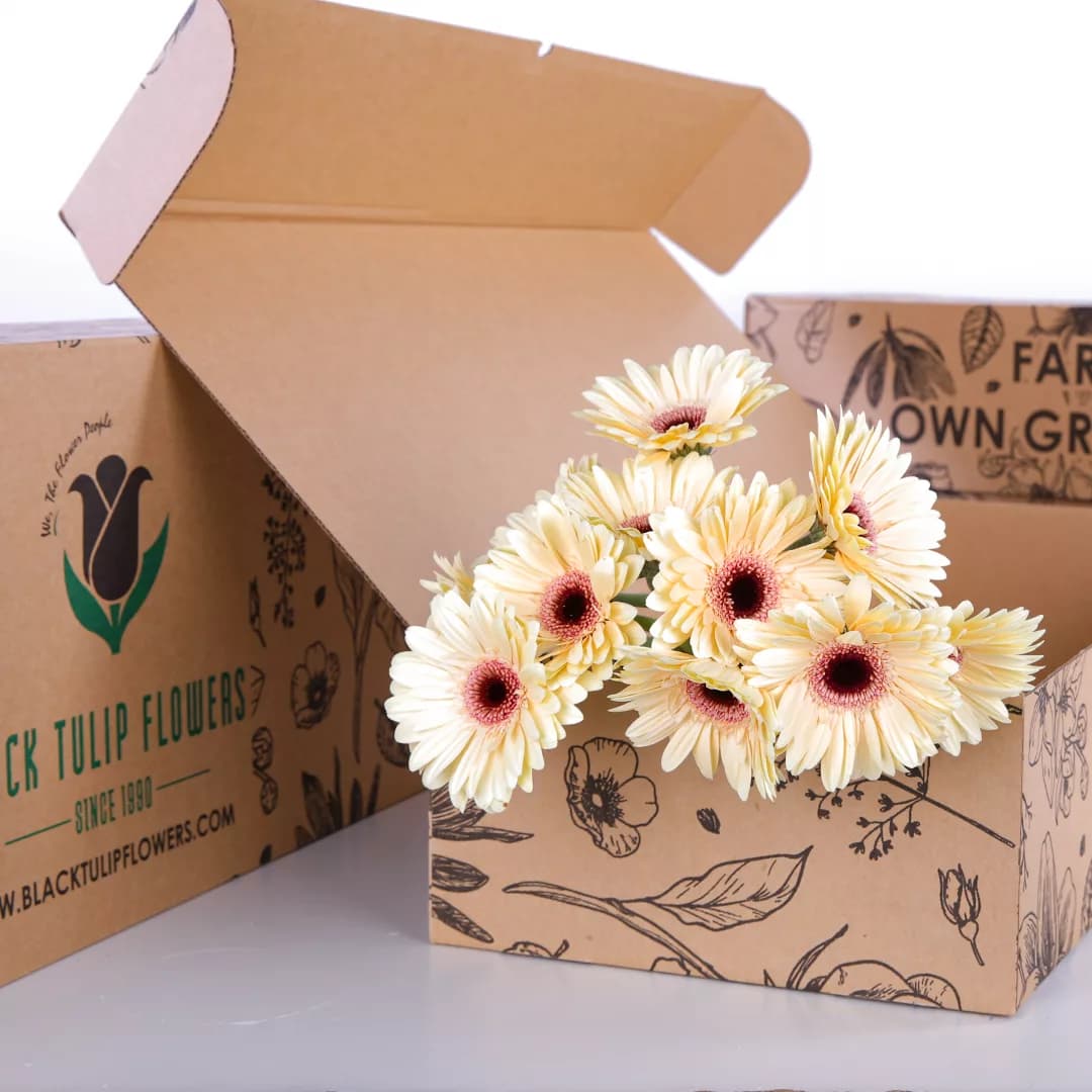 10 peach gerbera bunches in a cardboard box