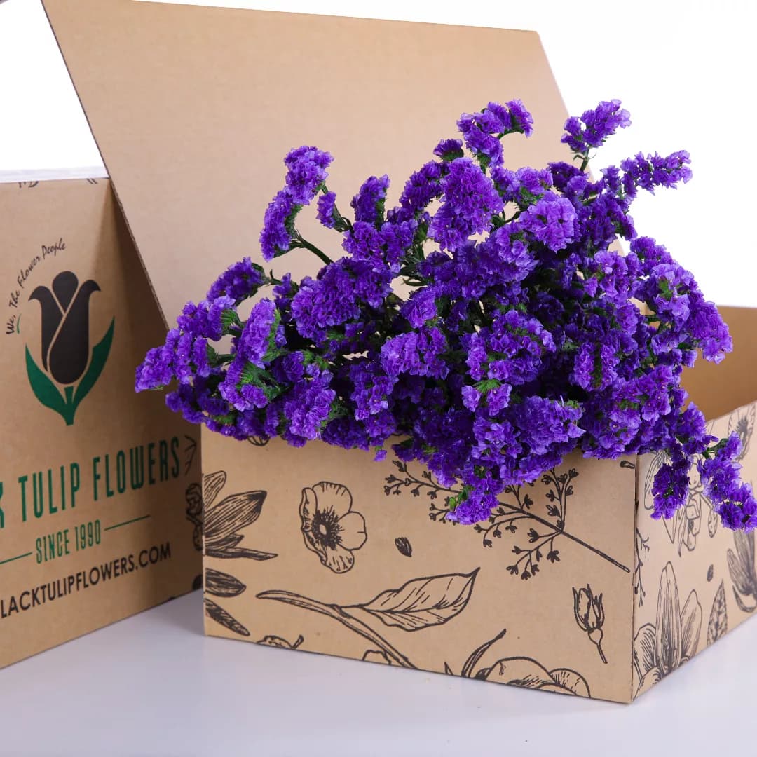 A cardboard box containing a bunch of Statice Blue flowers, emphasizing their vivid colour and elegant appearance.
