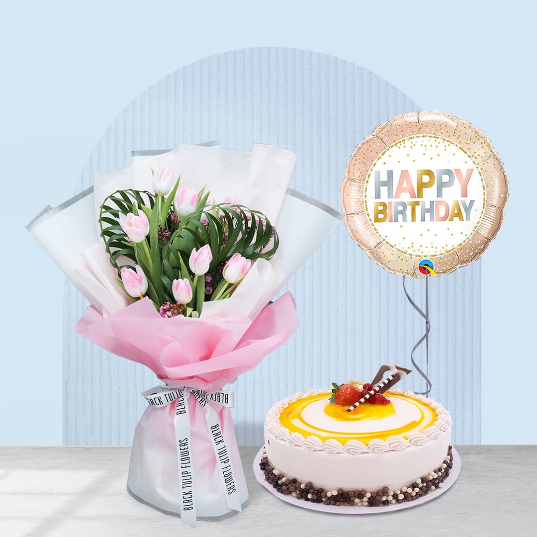 Pink tulip bouquet and a birthday cake, and balloon- perfect birthday set