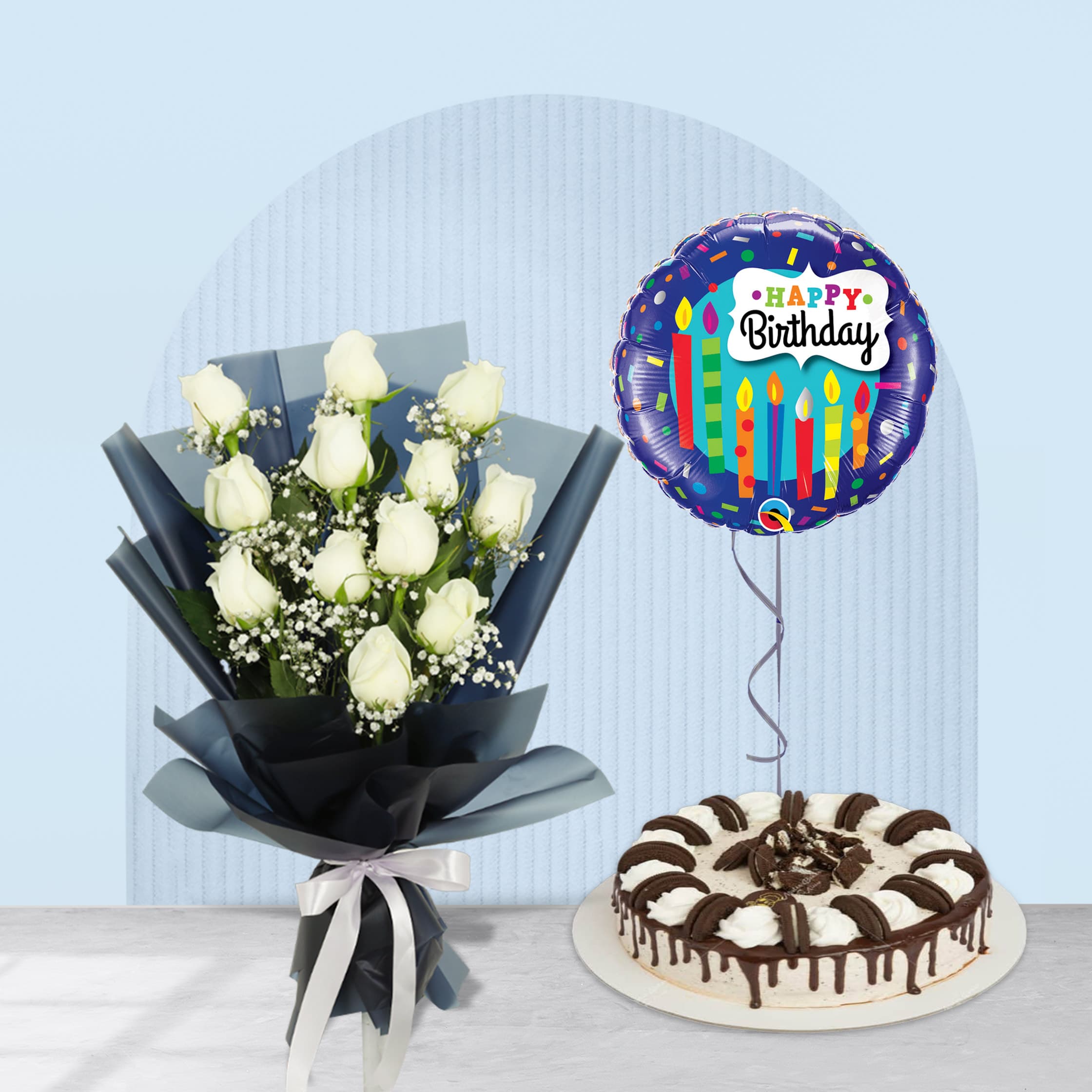 A sweet birthday surprise: combination of a designer bouquet of 12 white roses paired with a delectable Chocolate Mousse.