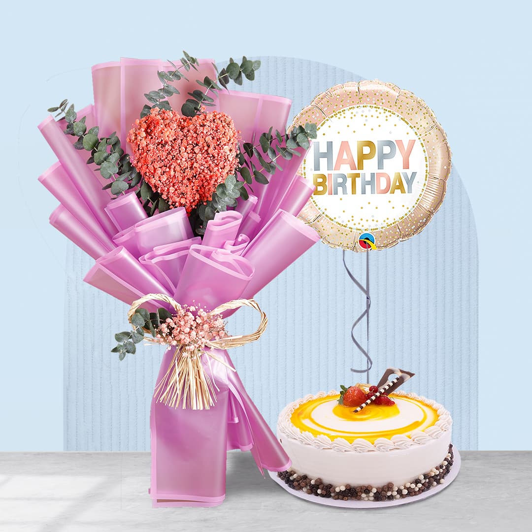 Gypsophila and Cake Birthday Bouquet