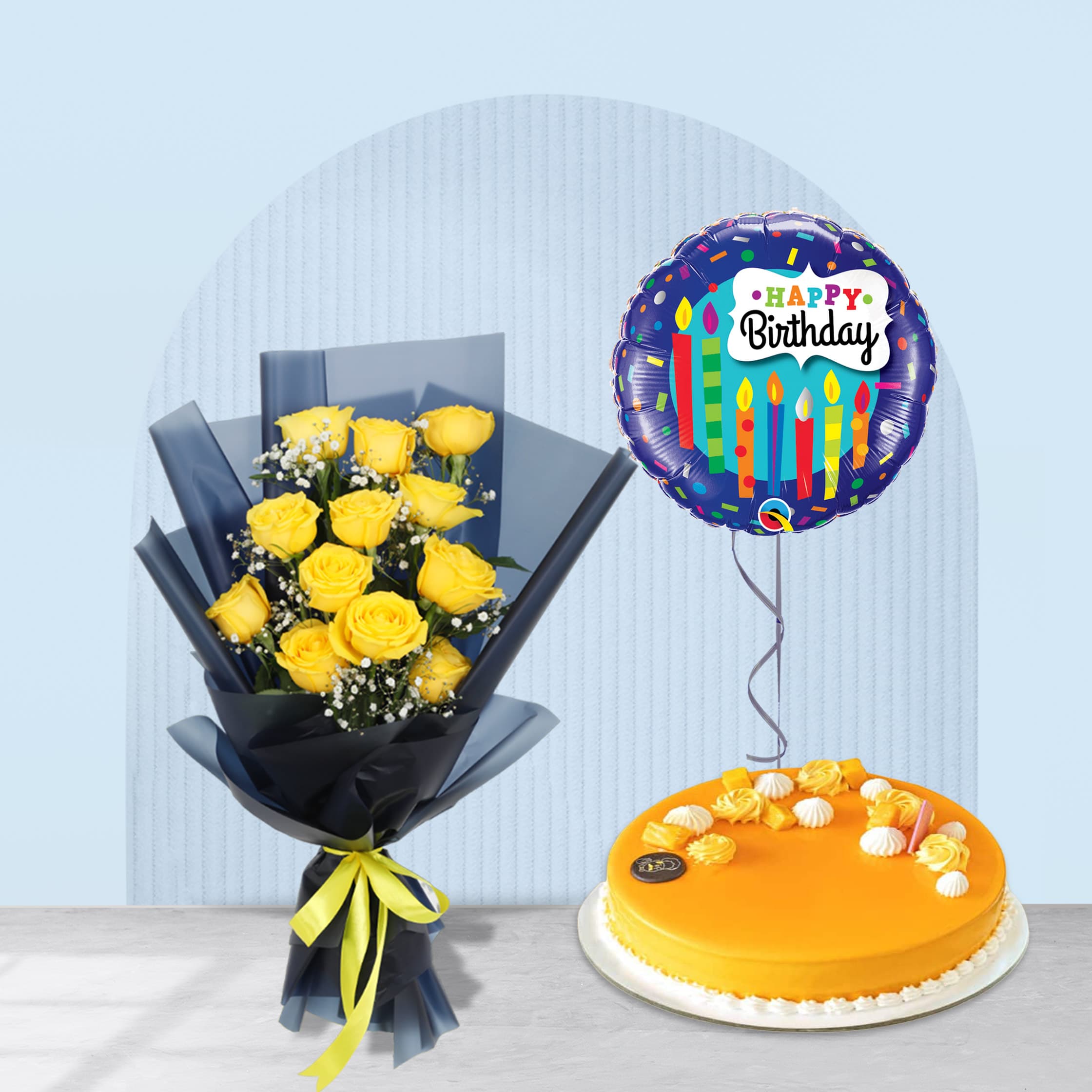 A vibrant birthday gift set: Yellow rose bouquet, a delicious cake, and a colorful balloon.