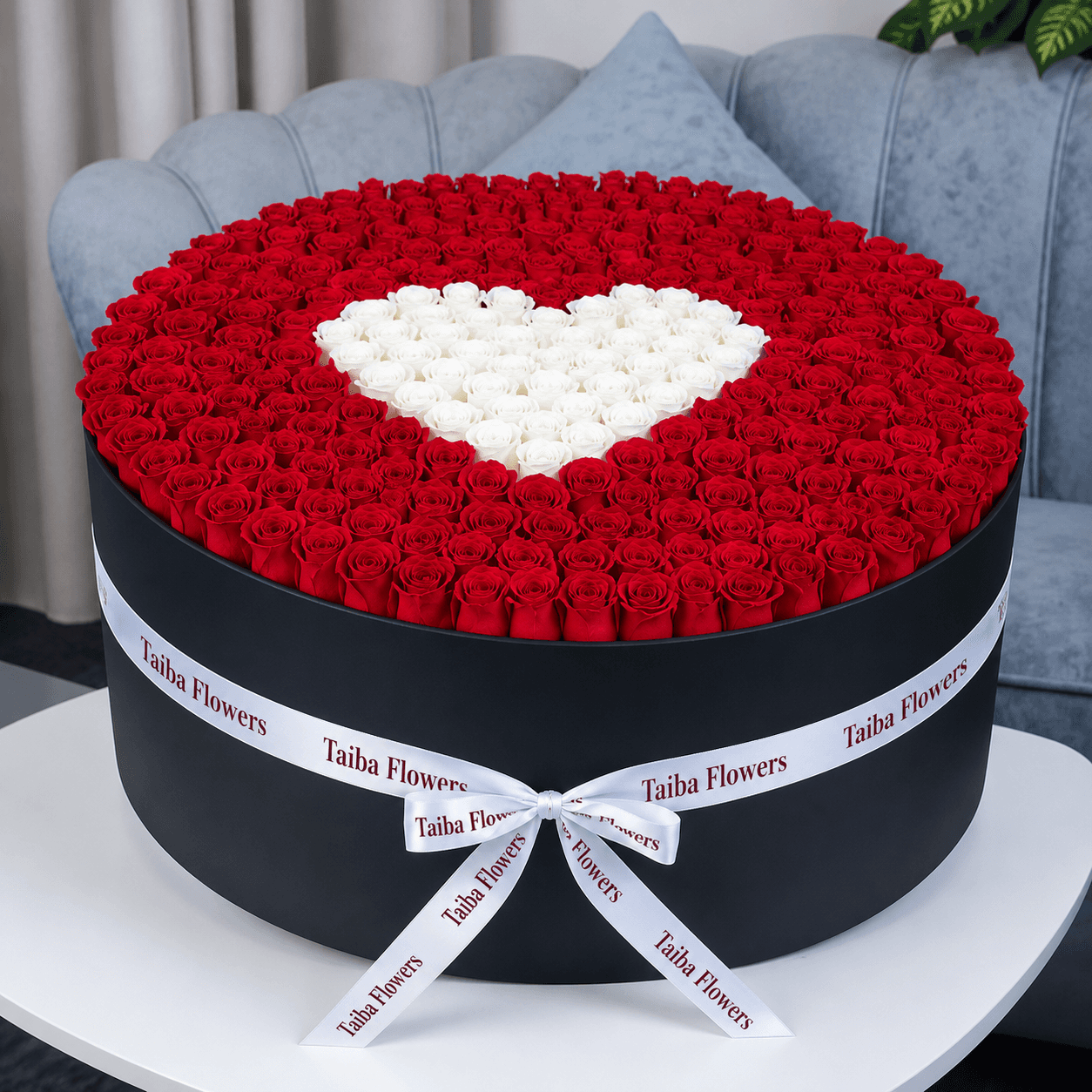 Romantic Round Red Rose Box Arrangement With White Heart On Top