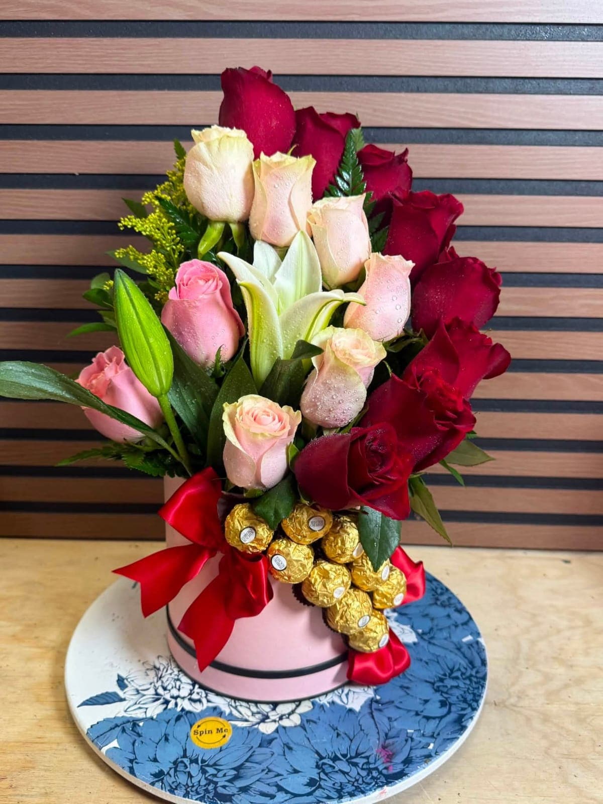 Pink box roses, lilies & chocolates